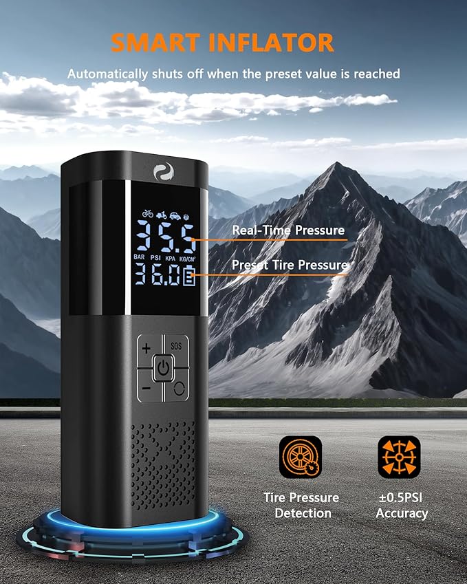 Tire Inflator Portable Air Compressor, Portable Air Pump with Pressure Gauge, Electric Tire Pump Battery 150PSI 12V DC, Cordless Tire Inflator with LED for Car Motorcycle Bicycle Ball