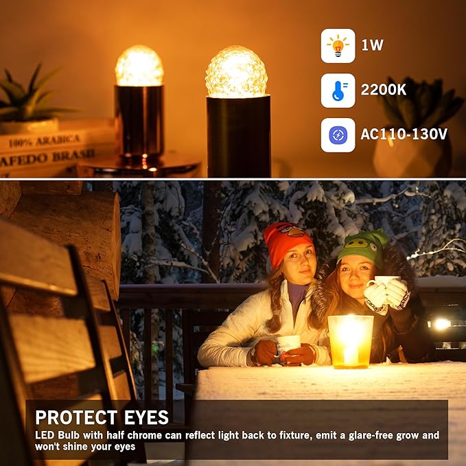 G40 Replacement Bulbs Night Light Bulbs Small Edison Light Bulb Base Sizes Chart Mini Globe Low Watt Light Bulbs 1W(10W Equivalent),AC120V Warm White 2200K 80LM,Outdoor Holiday Decorative Bulb,15 Pack