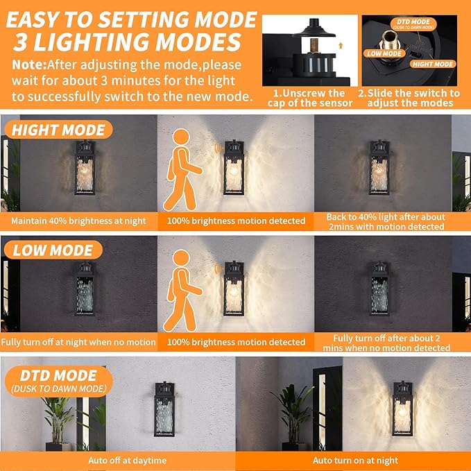 2 Pack Motion Sensor Outdoor Wall Lights,Updated Dusk to Dawn Outdoor Lighting, Exterior Light Fixtures Wall Mount With Water-Rippled Glass,Waterproof Black Porch Light Outside Lights for House