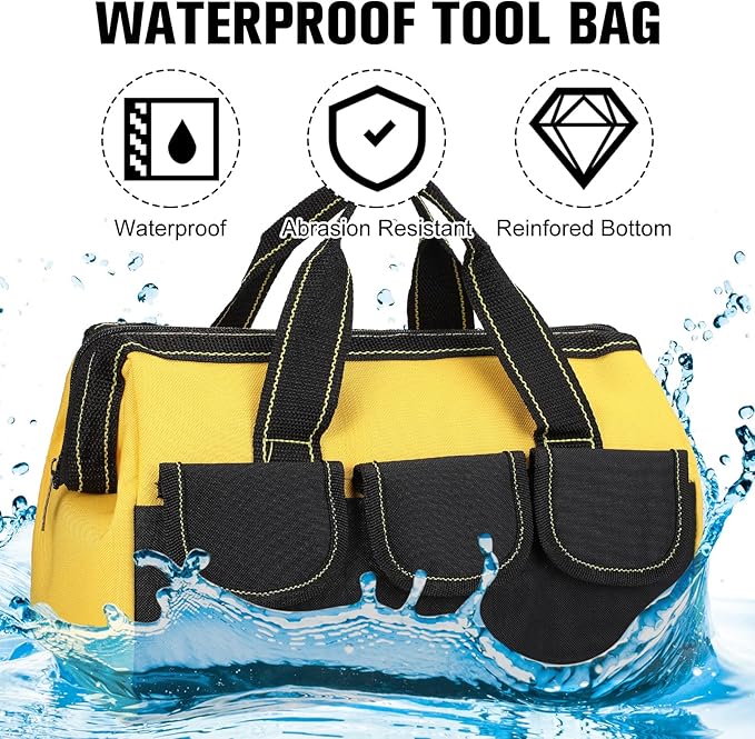 Sanwuta 3 Pack Tool Bag for Men with Waterproof Hard Bottom, Heavy Duty Tool Bag Wide Mouth Tote for Various Instrument, Electrician Carpenter Mechanic(16 Inch,Yellow)