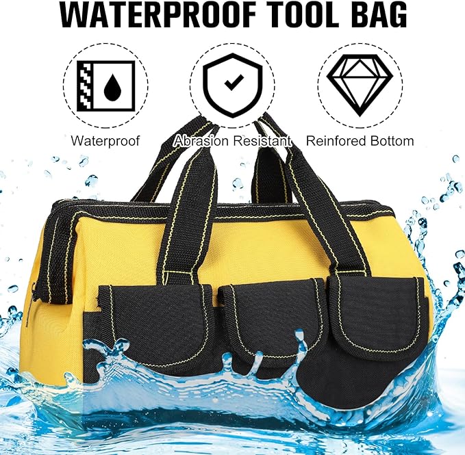 Sanwuta 3 Pack Tool Bag for Men with Waterproof Hard Bottom, Heavy Duty Tool Bag Wide Mouth Tote for Various Instrument, Electrician Carpenter Mechanic(13 Inch,Yellow)