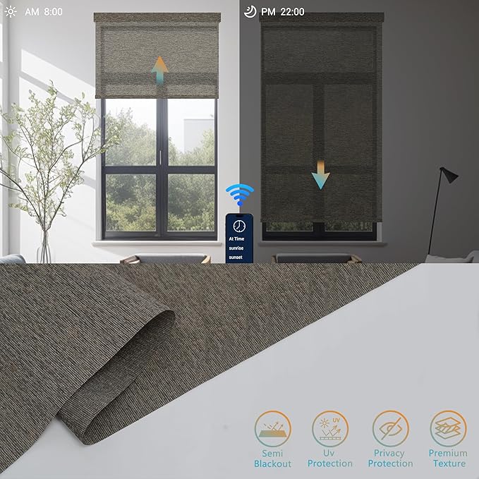 Motorized Blinds with Remote, Light Filtering Smart Roller Blinds Compatible with Apple Homekit Google Home and Alexa, Automatic Window Blinds Customize, Coffee
