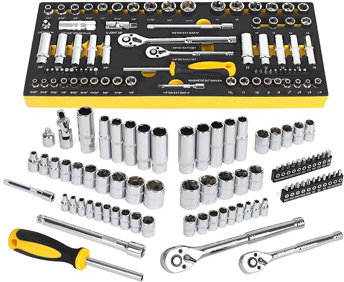 TOPLINE 79-Piece 1/4” & 3/8”Drive Impact Socket Wrech Set, 6-Point Socket Set, Metric, SAE CR-V Sockets with EVA Foam Tray for Bench Storage, Deep & Standard Mechanic Tool Set for Home Maintenance
