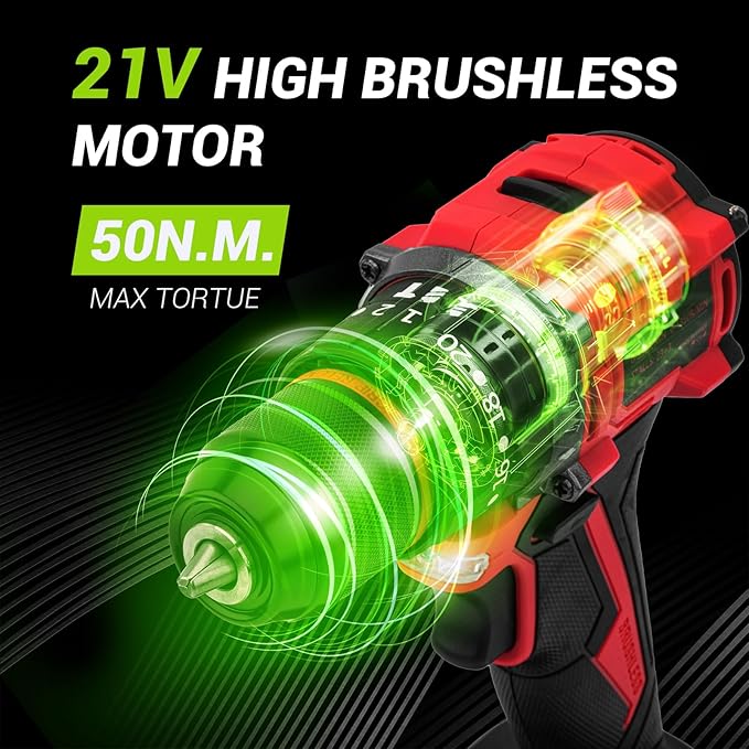 Brushless Drill Set, 21V Cordless with 2 Batteries and Charger, 3/8Inch Keyless All-Metal Chuck, 2 Variable Speeds, 20+3 Power Drill Kit for Screw Wood/Ceramic/Tile/Steel