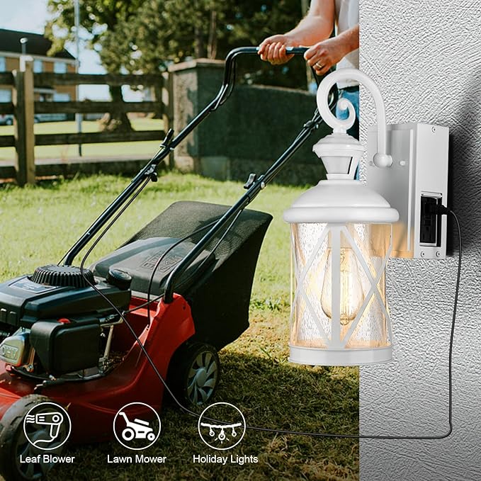 Darkaway Motion Sensor Outdoor Wall Light Dusk to Dawn Outdoor Porch Light with GFCI Outlet Waterproof Exterior Wall Sconce with Seeded Glass White Lighting Fixture for House Patio Garage