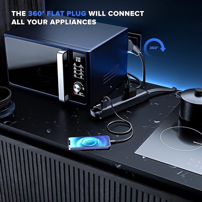 Maximm Extension Cord with USB Ports 3FT, 360° Rotating Flat Plug Extension Cord, 3-Outlet with USB Ports (2 Ports), 3 Prong Extension Cord, Grounded Extension Cord (Black) UL Certified