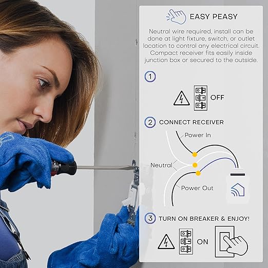 RunLessWire Self-Powered (NO Batteries) Wireless Light Switch & Receiver Kit No WiFi Needed DIY, Remote 150+ft RF Range - 3 Way Simple: 1 Receiver, 2 Switches - White