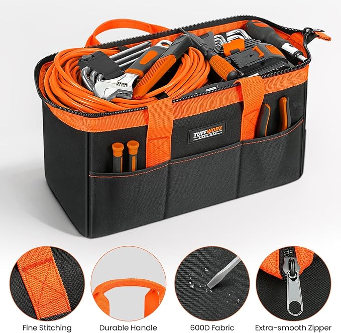 Tool Bag, 14 inch Heavy Duty Storage Bag with Handles, Double Layer 600D Polyester Fabric, Black and Orange, Tool Organizer for Mechanics, Electricians, and DIY Enthusiasts