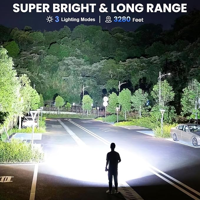 3 Pack Rechargeable Flashlights High Lumens, 90,000 Lumen Super Bright Led Flashlight with Adjustable 3 Modes & Power Display, Brightest Handheld Waterproof Flash Lights for Home Camping Hiking