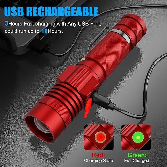 Hoxida Flashlight USB Rechargeable, Magnetic LED Flashlight, Super Bright LED Tactical Flashlight with Cob Sidelight, Waterproof, Zoomable Best Small LED Flashlight for Camping, Emergency -Red