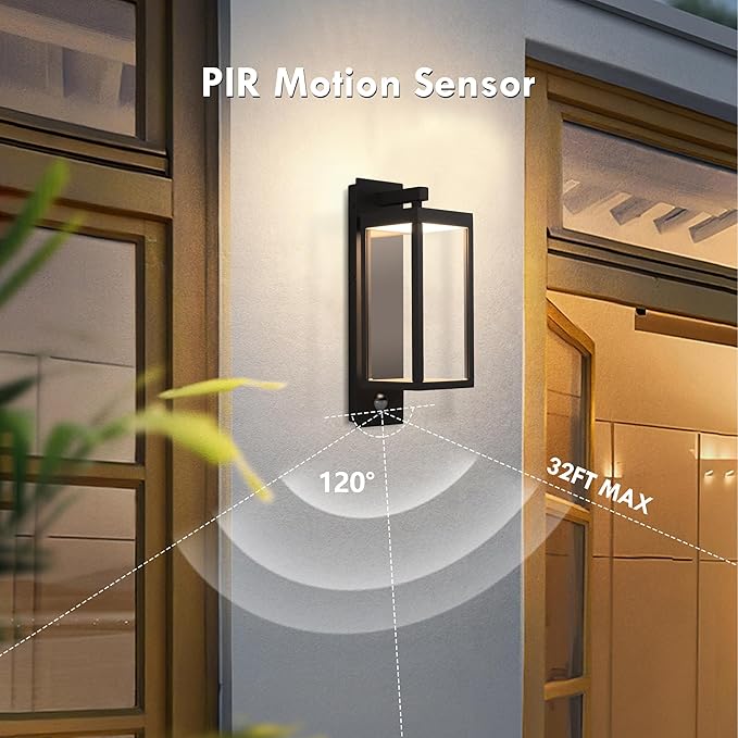 Lustrlach 2 Pack Outdoor Motion Sensor Wall Lights for House,15in LED Exterior Modern Porch Light Fixture Black with Clear Glass IP54 Waterproof for Outside Garden Front Door Patio,750Lumen,13W