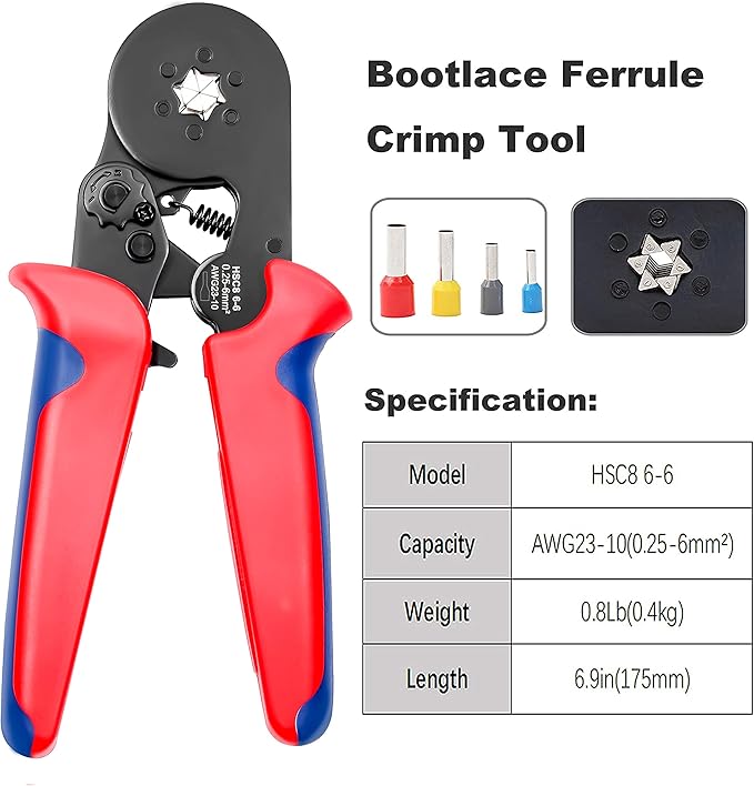 Hexagonal Crimping Tool, AWG23-10 HSC8 6-6 Self-adjusting Ratchet Wire Ferrule Crimper Plier for Wire Terminals Cables End-sleeves