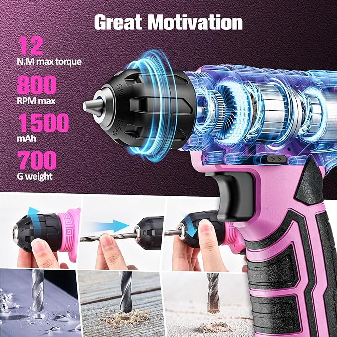 VIGRUE Tool Set with 8V Cordless Drill, Tool Kit with Drill, ToolBox for Men & Women, Home Hand Drill Set for Handyman, DIY (pink) 278 PCS