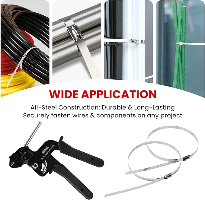 Stainless Steel Cable Tie Gun Set – Heavy Duty Metal Zip Tie Tool Kit with 150PCS Self-Locking Ties, Adjustable Fastening & Cutting Tool for Outdoor Fencing, Exhaust Pipes, Automotive (Black)