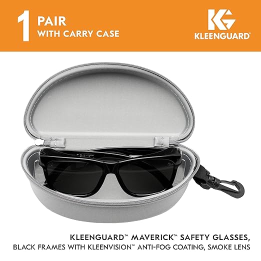 KLEENGUARD™ V30 Maverick™ Safety Glasses (56569), Smoke Lenses with KleenVision™ Anti-Fog coating, Black Frame, Carrying Case, Unisex Sunglasses for Men and Women
