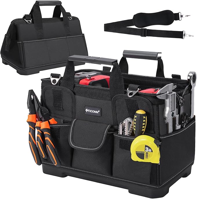 TICONN Heavy Duty Tool Bag with Multi-Pockets, Portable Tool Box Organizer Storage Bag, with Adjustable Shoulder Strap and Ergonomic Handle (Black, 14" Molded Base)