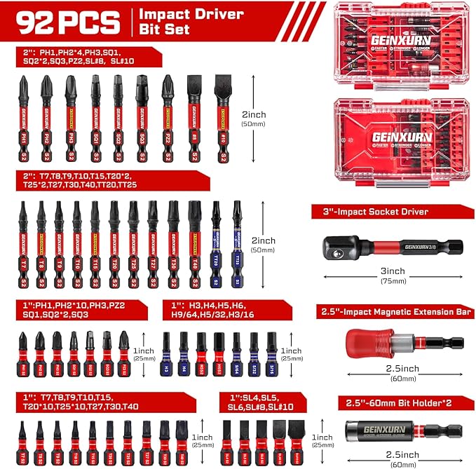 92Pieces Impact Screwdriver Bits Set, Magnetic S2 Steel 1”/2” Phillips/Square/Torx/Slotted/Hex/Pozi Bits Tips and Impact Bit Holder with Red Storage Box Case