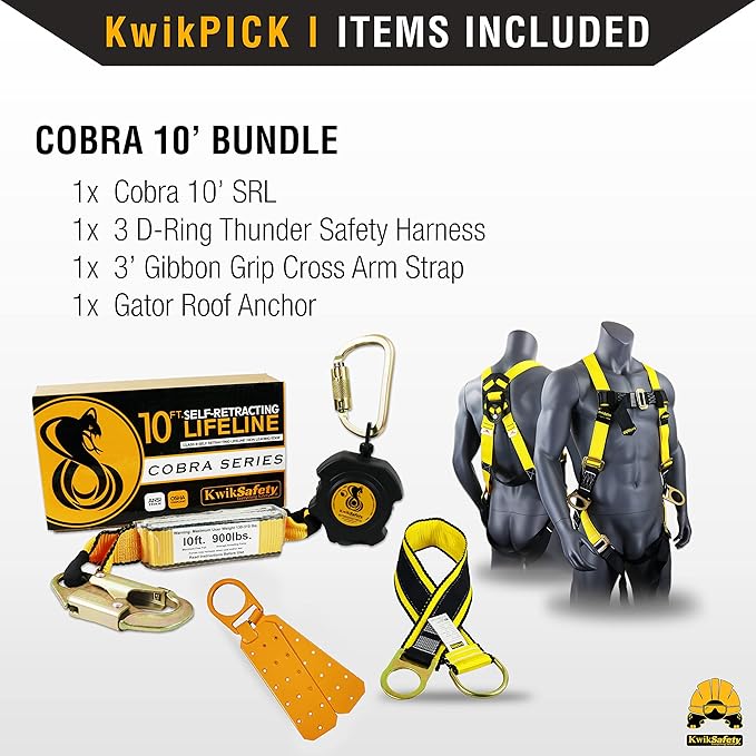 KwikSafety - 10' Cobra Web Self-Retracting Lifeline [Bundle] Class 1 Retractable Safety Lanyard SRL ANSI OSHA Fall Gear