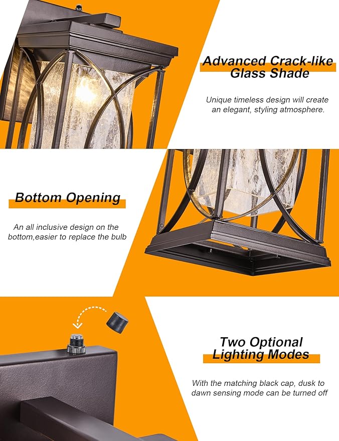 Oil Rubbed Bronze Outdoor Sconce Dusk to Dawn Exterior Light Fixtures Wall Mount Porch Light Modern Outdoor Wall Light Aluminum with Crack-Like Glass IP65 Waterproof Outside Coach Light for House