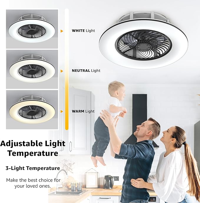 Bladeless Ceiling Fan with Light and Remote Control Low Profile Ceiling Fan 22" Modern Enclosed Multi-Speed Indoor Ceiling Fan 3 Color Temperatures Smart LED Dimmable Lighting (Black)