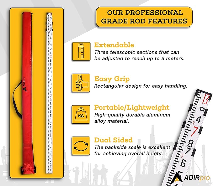 AdirPro 14-Foot Aluminum Grade Rod – 10ths, Dual Sided 4-Section Telescopic Leveling Rod – Bubble Level and Soft Carrying Case Included
