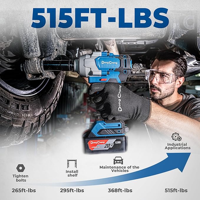 Dong Cheng 20V Brushless Impact Wrench, 515 ft-lbs High Torque, 1/2 inch 4-Speed Cordless Impact Gun with Tool Bag, Easily Removes Bolts on Cars, Trucks, and Tractors, Includes 4.0Ah Battery & Charger