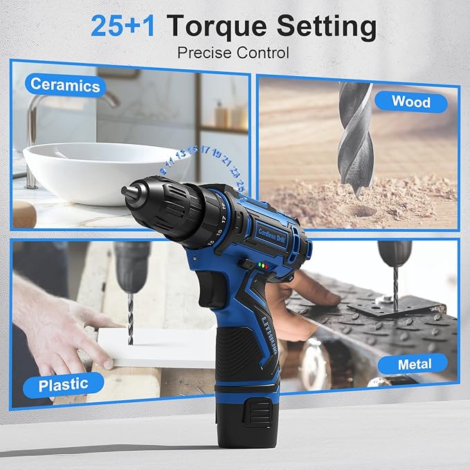 Cordless Drill Set,12V Power Drill Driver 3/8" Keyless Chuck with 42 Acessories, Built-in LED Light, 25+1 Position, Electric Drill for Home DIY Projects（Blue）