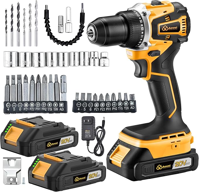 Cordless Drill Set/Driver, 20V Electric Power Drill With Battery And Charger, 30N Torque, 25+1 Settings, 2 Batteries,3/8-Inch Keyless Chuck, Driver Bits Kit, LED Light