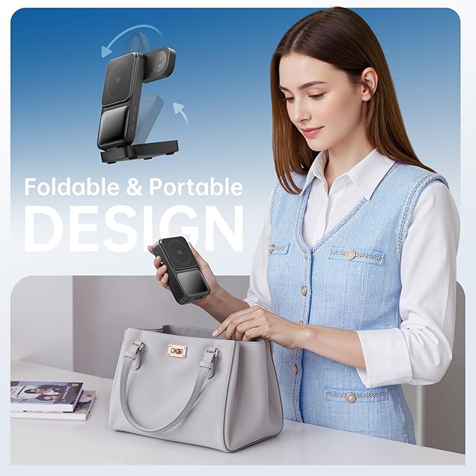 GUSGU 3 in 1 Wireless Charging Station with Real-Time Power and Time Display, Foldable Charging Stand, Compatible with iPhone 17/Air/16/15/14/13/, Apple Watch Series 11/SE3/ Ultra 3, AirPods Pro 3