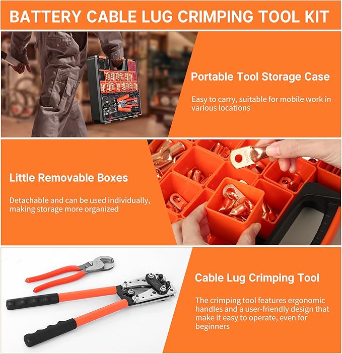 Kuject Battery Cable Lug Crimping Tool Kit with Copper Wire Lug AWG 1 2 4 6 8 1/0 Gauge, Wire Crimper for AWG 10-1/0 with Cable Cutter, 110PCS Battery Cable Ends with 110PCS 3:1 Heat Shrink Tubing