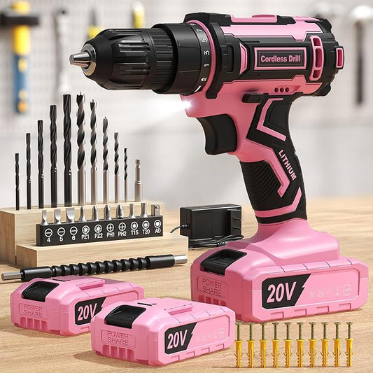 Pink Cordless Drill Set, Double 2000mAh Power Pack Electric Power Drill for Women, 20V Lightweight Electric Screwdriver Driver with Power Pack & Charger, 3/8" Keyless Chuck, Womens Tool Kit for House
