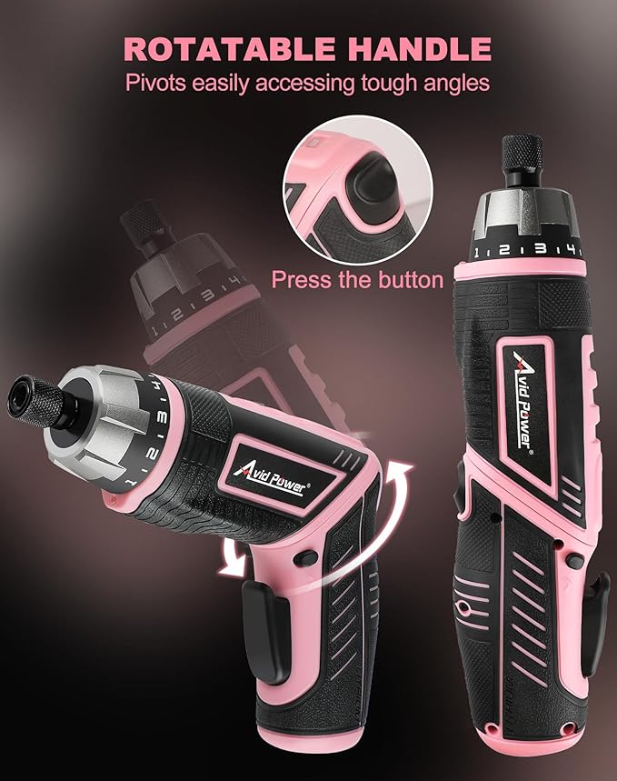 AVID POWER Electric Cordless Screwdriver Set Rechargeable 4V Power Screwdriver Kit with 44pcs Accessories, 5.65Nm Screw Gun, 5+1 Torque Setting, 2 Position Handle with LED Light - Pink Tools for Women
