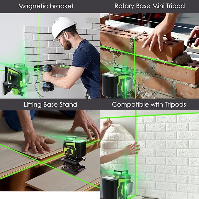 Laser Level 360 Self Leveling Kit, 4D 4x360° Green Cross Line Vertical and Horizontal Line Lazer Leveler, Laser Level Tool for Picture Hanging Construction, Batteries, Magnetic Stand, Carrying Bag