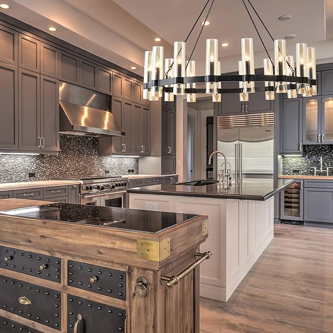 48 Inch Black Wagon Wheel Chandelier, 16 Lights, with Brown Glass Shade, Large Hanging High Ceilings Chandeliers for Dining Room Kitchen Foyer Entryway Living Room