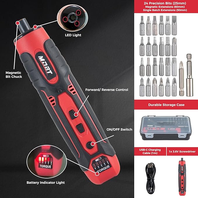 3.6V Cordless Impact Screwdriver Set with 1.5Ah Rechargeable Lithium Battery, 1/4" Chuck, 3-10 N.m Torque, 300RPM, Includes Magnetic Bits & Case – Electrician Tools