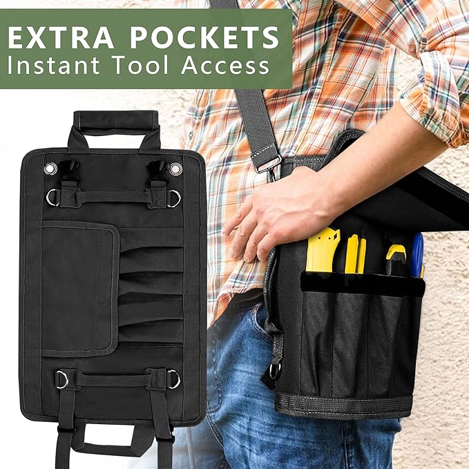 Roll Up Tool Bag Organizer, Tool Bags for Men, Tool Roll Bag with 2 Detachable Zipper Pouches, Heavy Duty Tool Bag for Dad Birthday, Father’s Day Gifts, Handyman or RV Owners (Black)