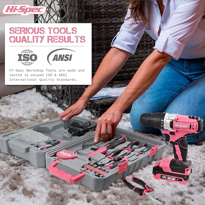 Hi-Spec 81pc Pink 18V Cordless Power Drill Driver.Complete Home & Garage Hand Tool Kit Set for DIY