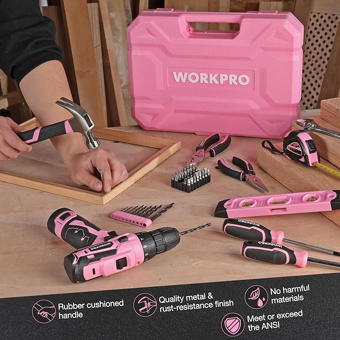 WORKPRO Pink Tool Set with Power Drill, 108PCS Portable Ladies Pink Drill Kit for Home with Toolbox and Pink Hammer, 1.5 Ah Cordless Drills with Keyless Chuck and Variable Speed Trigger - Pink Ribbon