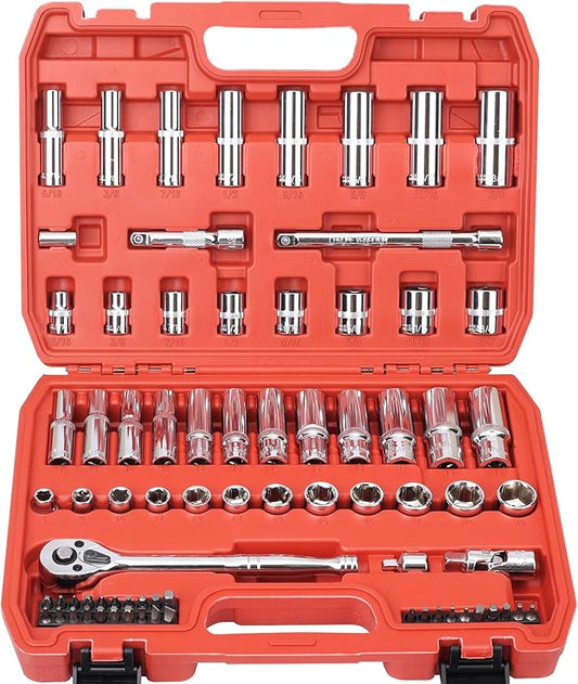 3/8” Drive Socket Set, 76 Pieces Ratchet Wrenches Set, Standard and Deep Metric (8 to 19mm)/SAE (5/16 to 3/4 inch) Size, with 72-Tooth Ratchet for Auto Repairing and Household, with Storage Case