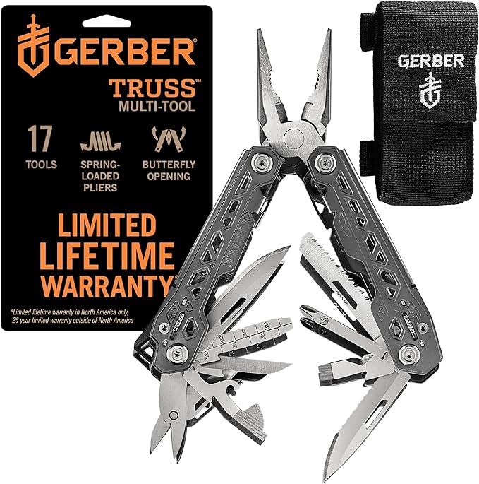 Gerber Gear Truss 17-in-1 EDC Needle Nose Pliers Multi tool - includes Pocket Knife, Screwdriver, and Bottle Opener Accessories - Gifts for Men, Fishing and Camping Gear - Gray with Standard Sheath