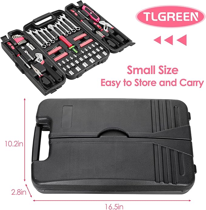 TLGREEN 95 Piece Tool Set, Tool Kit, Mechanics Tool Set, Portable Toolbox with Adjustable Wrench Pliers Socket Bits, with Plastic Toolbox Storage Case, for House Apartment Garage (Pink)