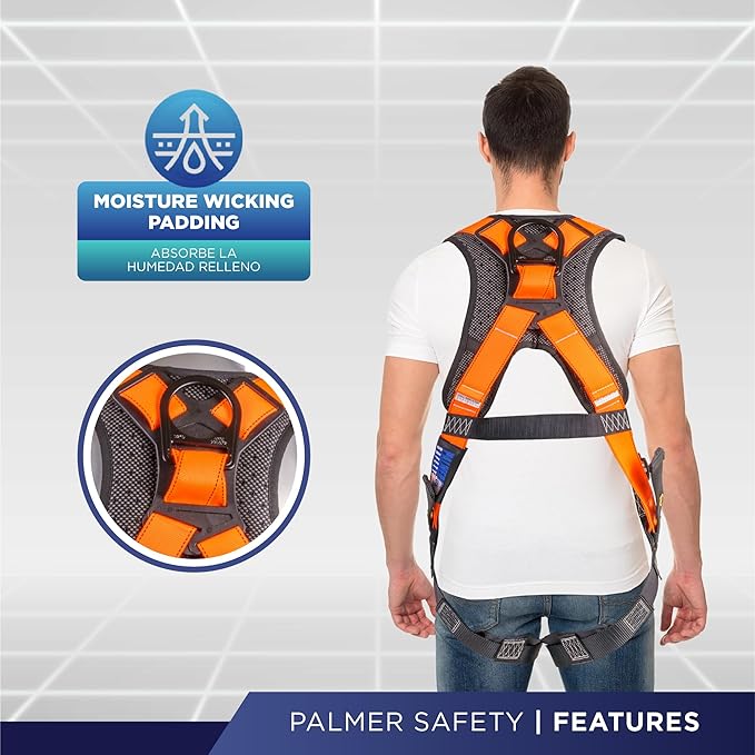 Palmer Safety Full Body Harness with 5 Point Adjustment, Dorsal D-ring, Grommet Legs, Two Side D Rings, and Fall Indicators