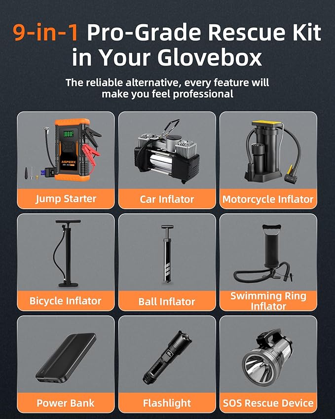 ASPERX Jump Starter with Air Compressor,【Upgrade & Safety Certs】10L Gas/8L Diesel(Almost All Cars) 12V Jumper Box Car Battery Jumper Starter Portable with Tire Inflator, Jumper Cables, Display & Light