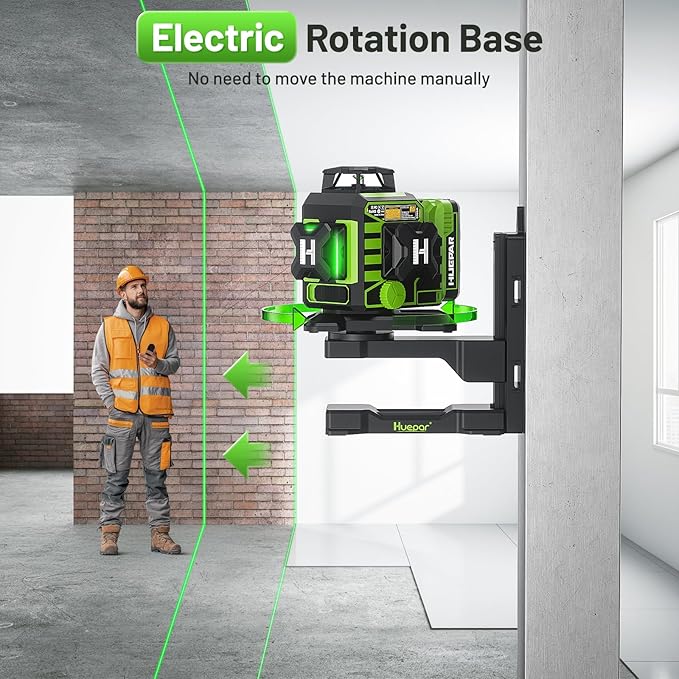 Huepar 2024 New Construction Laser Level 3x360 Self Leveling, 3D 12 Lines Bluetoothed Laser Level with Electric Rotating Base ＆ Large LCD Screen, 3 Planes Green Cross Lazer Leveler Tool W03CG