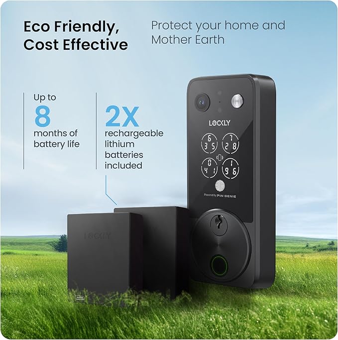 Lockly Vision Zeno Smart Lock with Video Doorbell Camera, Fingerprint Keyless Entry with Apple Home Key, Wi-Fi Deadbolt for Front Door, PIN Genie Keypad, App Remote Control, 2 Rechargeable Batteries