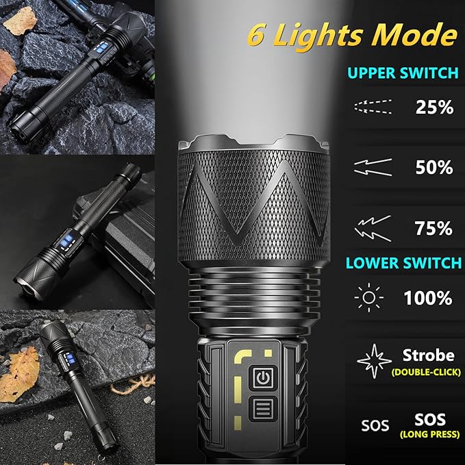 USB-C Rechargeable Flashlights 10,000 High Lumens, Super Bright XHP360 LED Flashlight with Zoomable, Powerful Handheld Tactical Flash Lights, Dual-Switches Waterproof for Emergency Camping