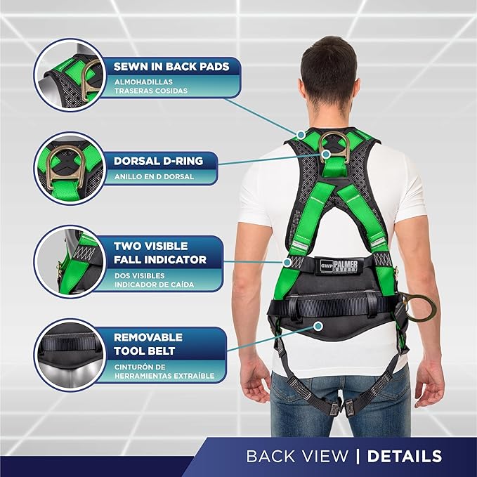 Palmer Safety Hammerhead 5pt Safety Harness Back Padded, QCB Chest, Tongue Buckel Legs Straps, Back & Side D-Rings