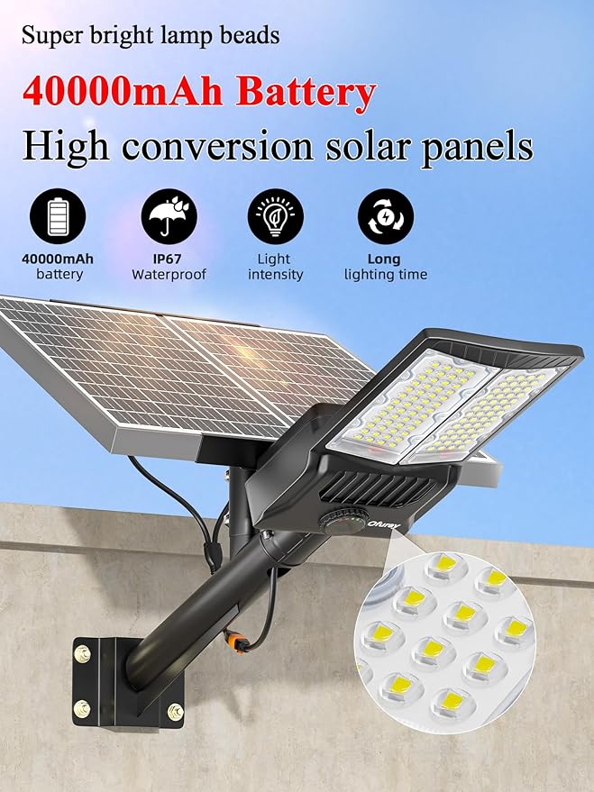 Ofuray OL-9000W Solar Street Lights Outdoor,Parking Lot Lights Commercial Dusk to Dawn up to 520,000Lm,40,000mah Big Power Solar Security Flood Remote Control with Motion Sensor for Street,Yark