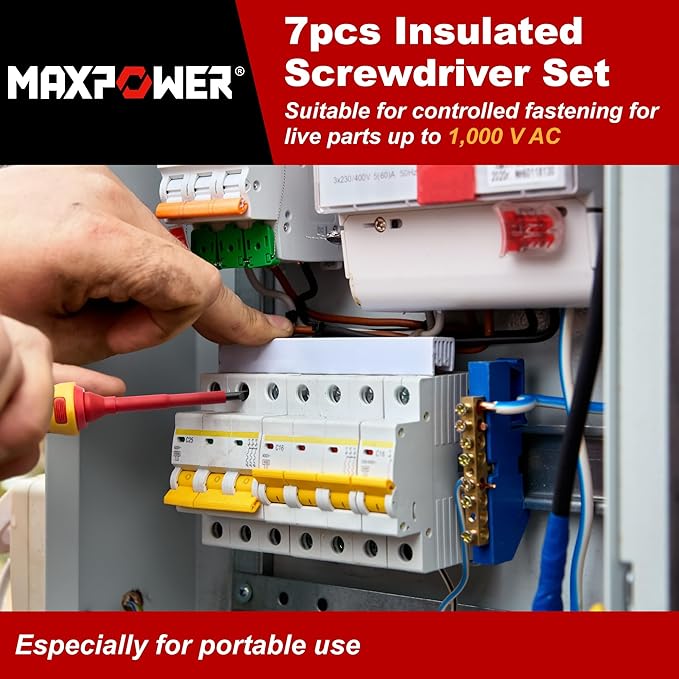 MAXPOWER Insulated Screwdriver Set, 7 In 1 Insulated Electrical Screwdrivers, Magnetic Tip Electrician Screwdriver Tool Kit Includes Phillips, Slotted and Torx Tips