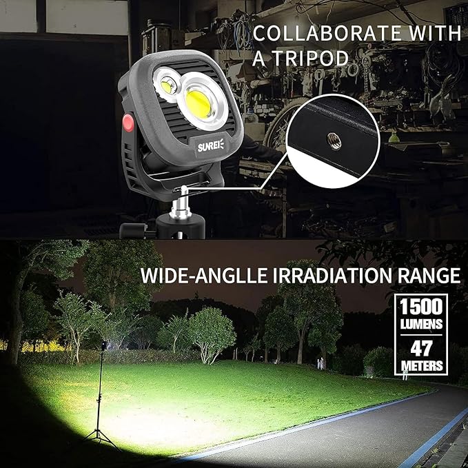 LED Rechargeable Magnetic Work Light SUNREI Mechanic Light Power Bank 180° Rotating, 1500LM, 6 Modes, Magnetic&Hook, 13500mAh Battery, Magnetic Flashlight for Camping, Car Repairing (Gary)